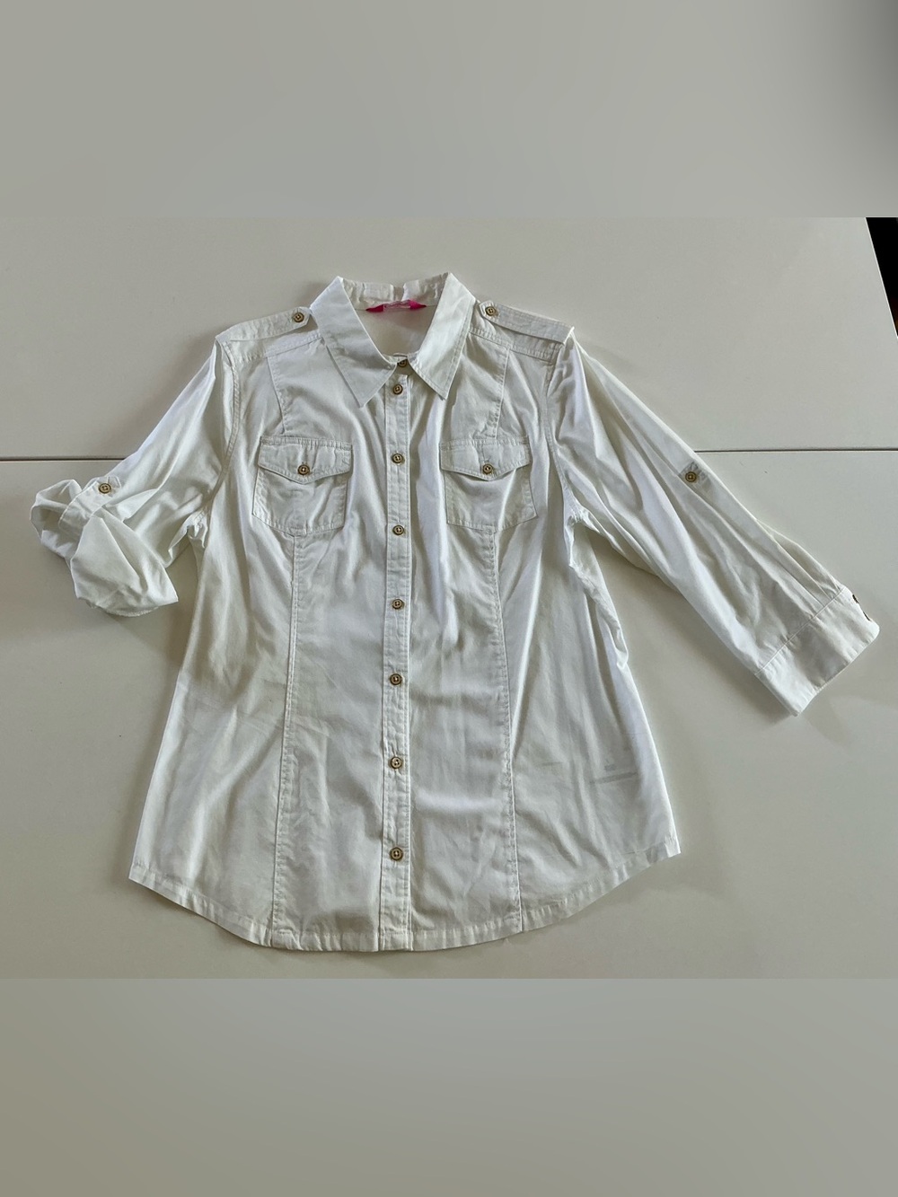 Y2K Pappagallo L 💯 Cotton Utility WH Button-Down Shirt w/ Epaulets Front Pockets
